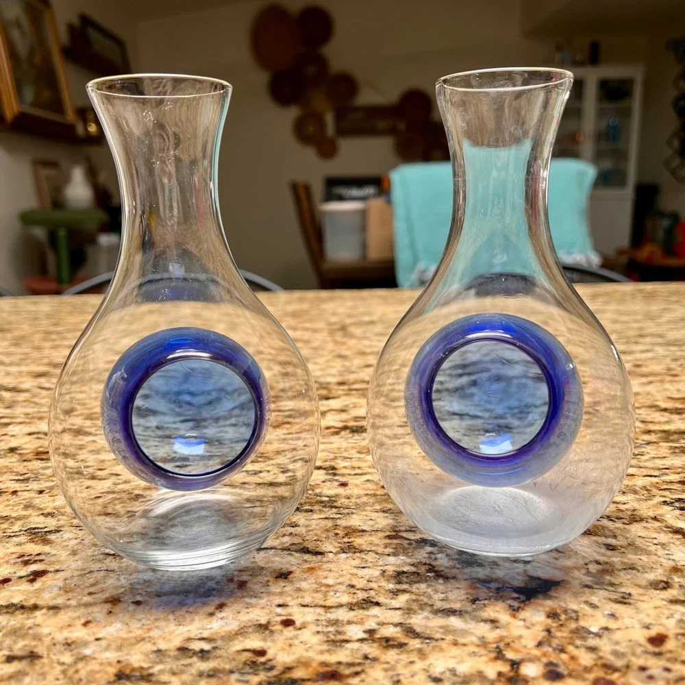Pair of Hand Blown Glass Japanese Sake Carafes with Cobalt Blue Ice Pockets 6.5